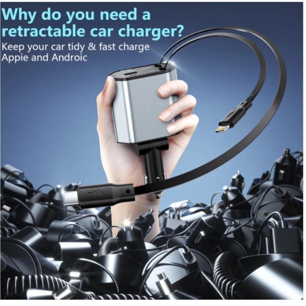120W Retractable Car Charger USB-C Lightning Fast Charging Cable